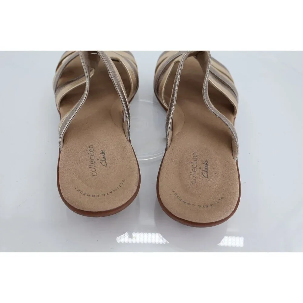 Clarks Womens Ada Lilah Sandal Size 9 Gold Silver Slide Leather Flat Comfy Shoe